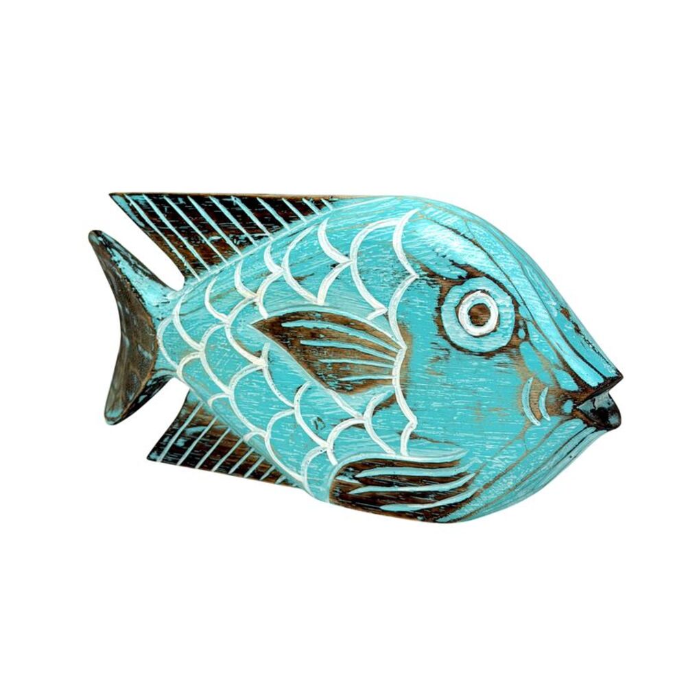 Hand Carved Aqua Tropical Fish Sculpture 12 Inch Distressed Wood Tabletop Decor